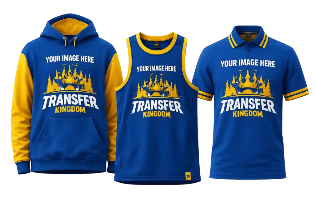 Blue and yellow hoodie, jersey and polo shirt mockup for custom apparel printing.