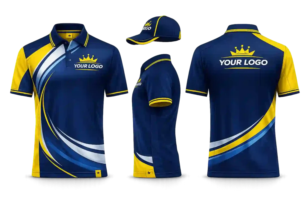 Blue and yellow corporate uniform mockup with polo shirt and branded cap.