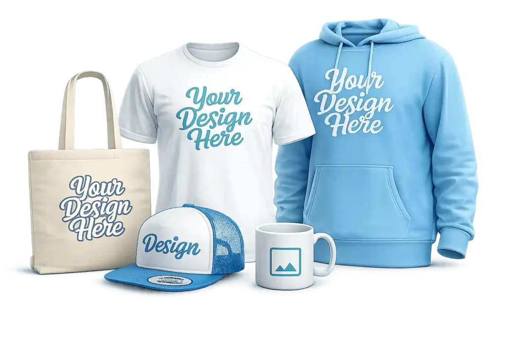 Custom apparel collection showcasing T-shirts, hoodies, caps, bags and mugs created through DTF printing services in Riyadh.