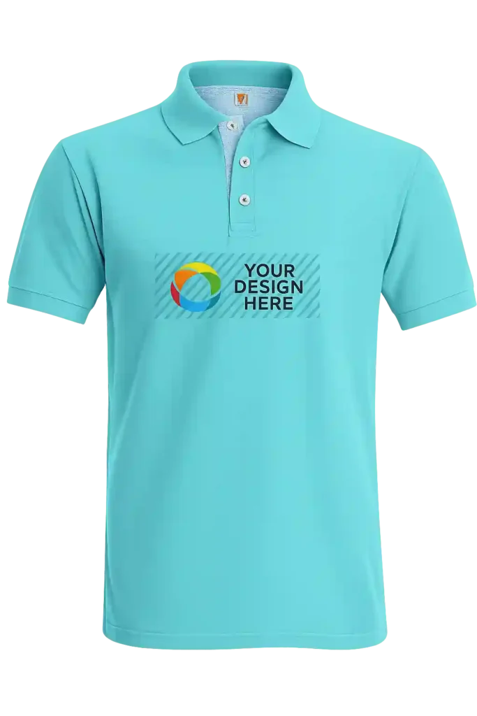 Light blue polo shirt customized through embroidery services in Jeddah.
