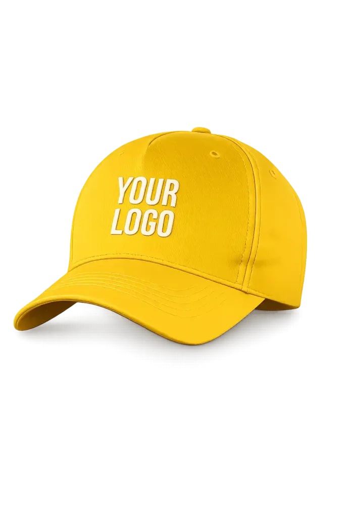 Yellow promotional cap with custom logo printing.