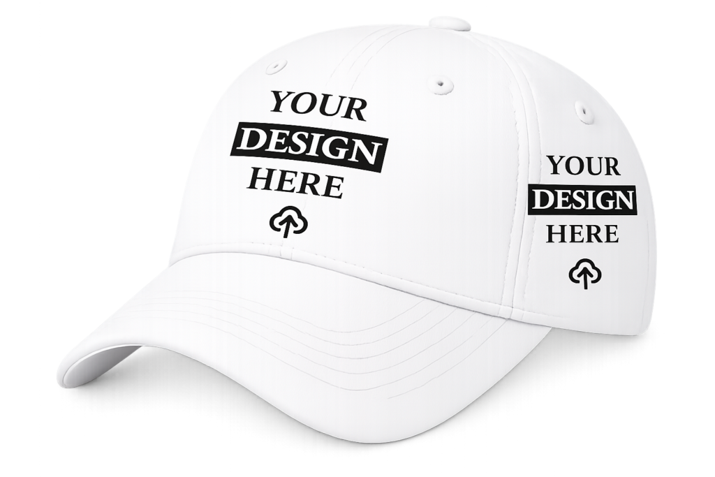 White custom cap featuring personalized embroidered design and logo placement.
