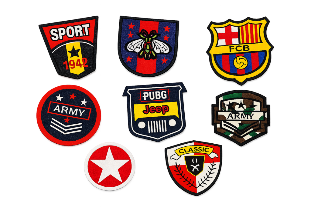 Custom embroidered patches for uniforms, clubs, and organizations created through embroidery services in Jeddah.