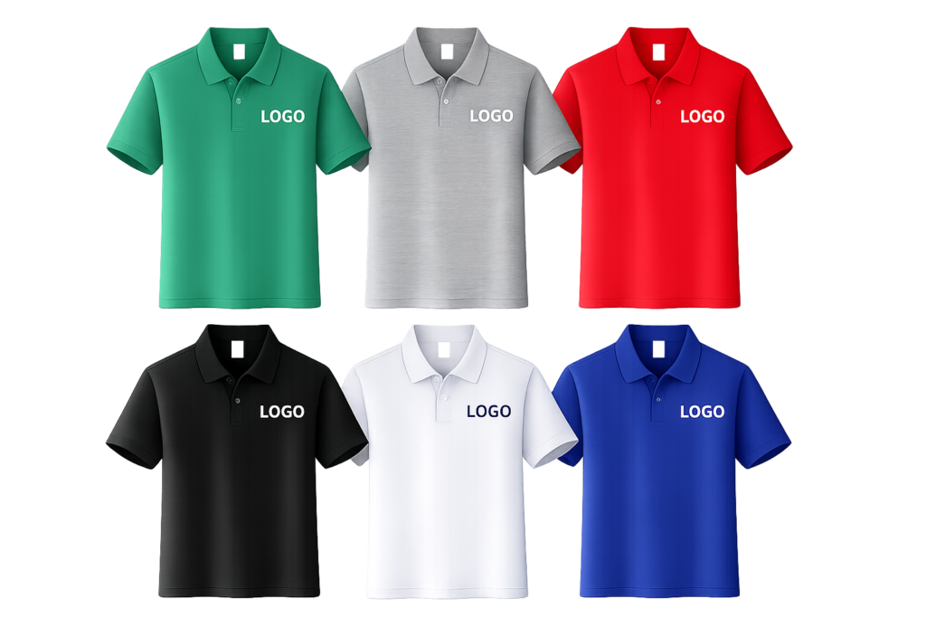 Collection of custom logo polo shirts showcasing embroidery services in Jeddah for branded apparel.