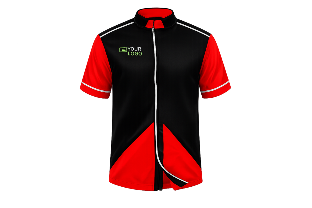Custom uniform shirt with embroidered company logo for professional embroidery services in Jeddah.