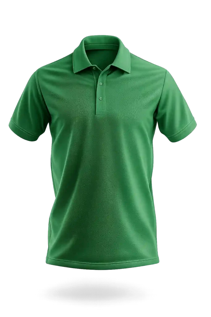 Green polo shirt customized through DTF printing services in Riyadh.