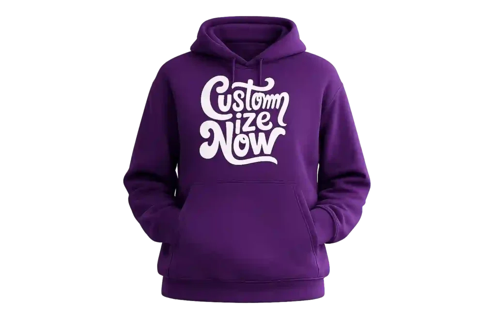 Purple custom hoodie with printed artwork.