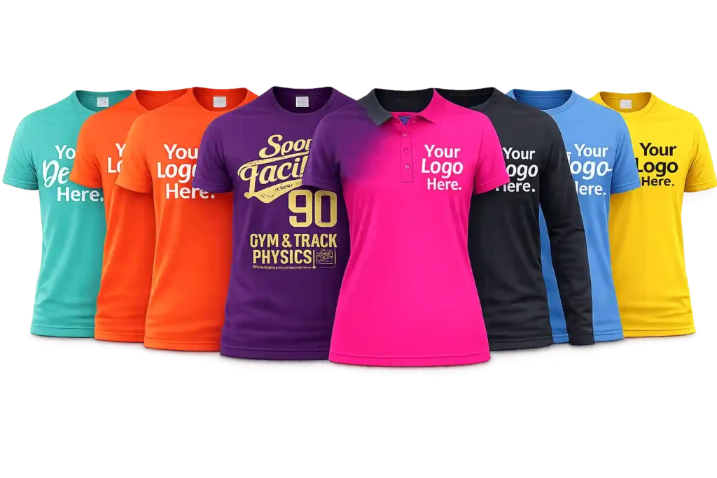 Colorful custom printed T-shirts and apparel showcasing various design and branding options.