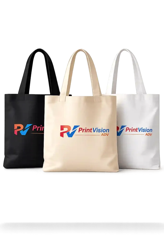 Promotional tote bags with custom printed branding designs.