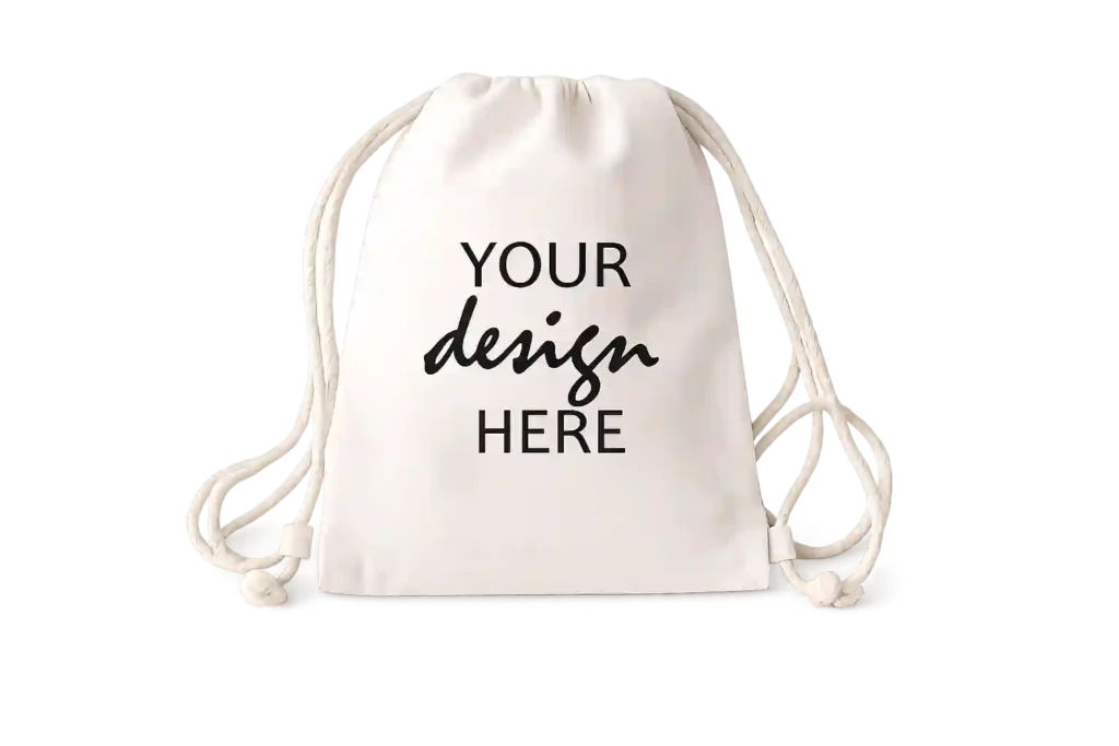 Drawstring bag with personalized printed design.