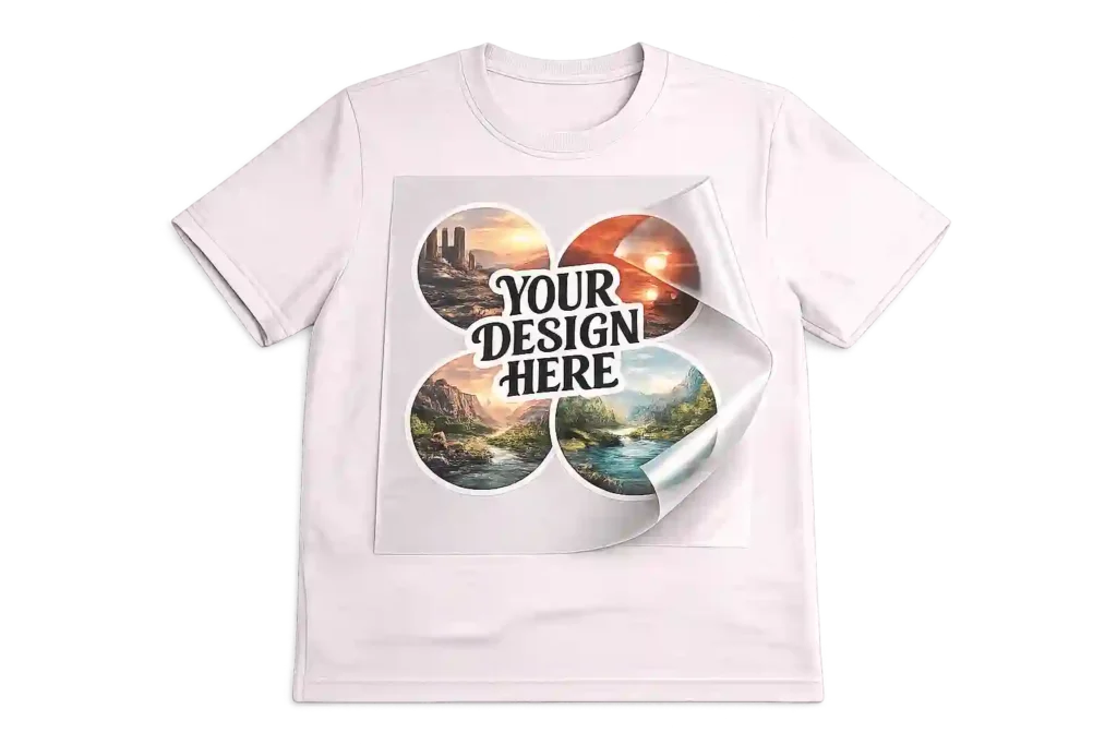 T-shirt mockup displaying a peelable DTF transfer film design on fabric.