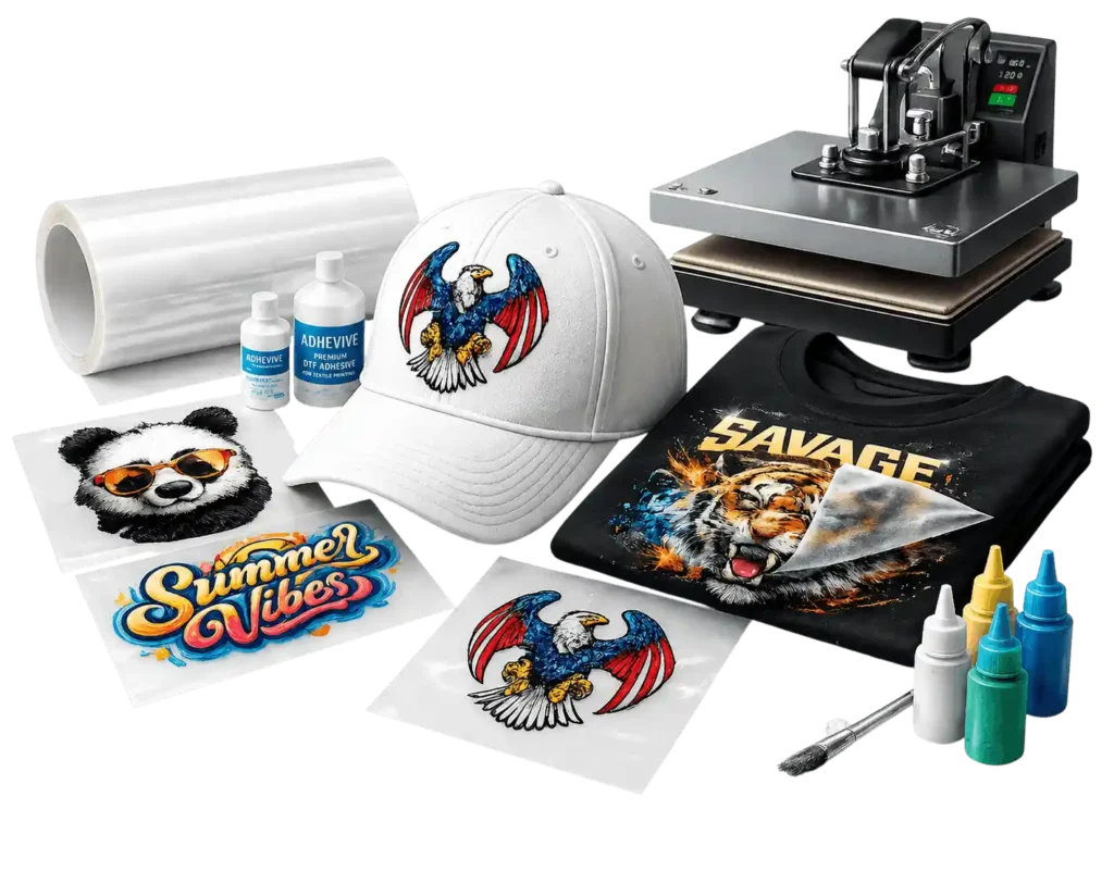 DTF printing equipment, transfer films and custom printed apparel used by professional DTF printing services in Riyadh.