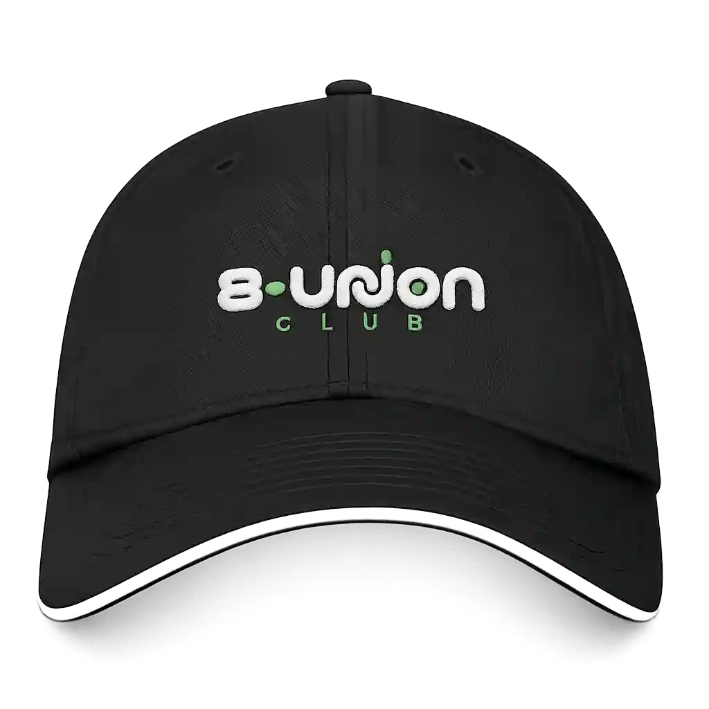 Black baseball cap featuring embroidered branding logo.