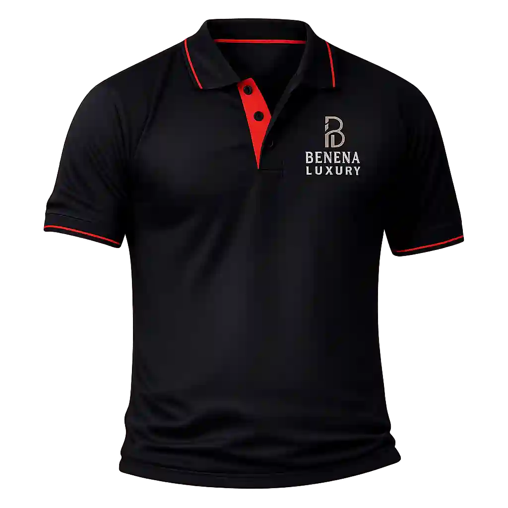 Black polo shirt with embroidered company logo on chest.