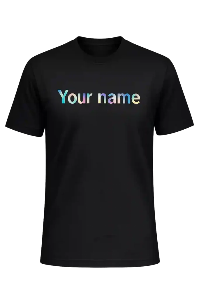 Black t-shirt with custom embroidered name design.