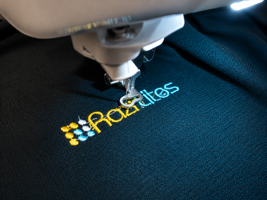 Professional embroidery machine stitching a company logo on fabric for embroidery services in Jeddah.