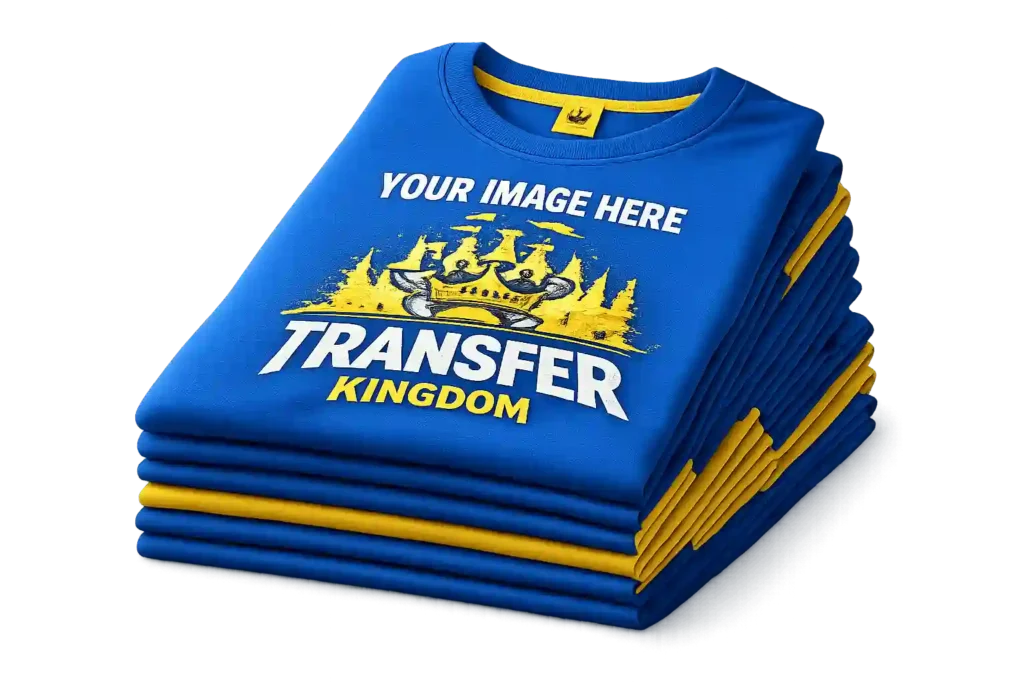 Stack of custom printed blue and yellow t-shirts displayed in a folded apparel mockup.