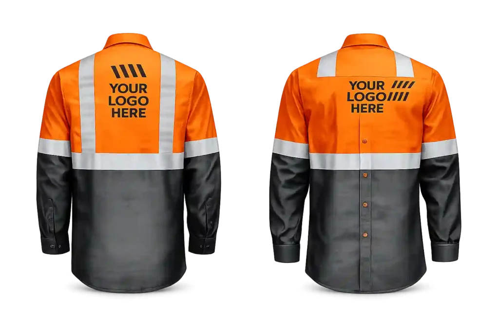 Reflective safety uniform customized with company logo.