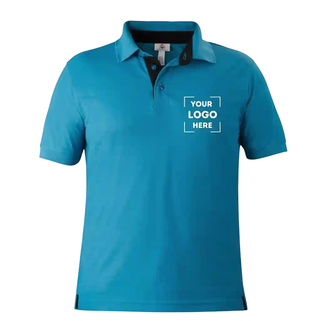 Aqua polo t-shirt with custom company logo.