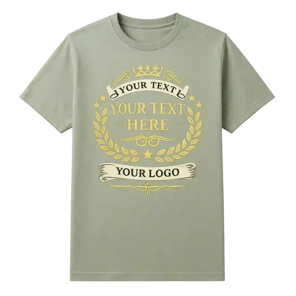 Beige T-shirt with circular heritage-style logo print.