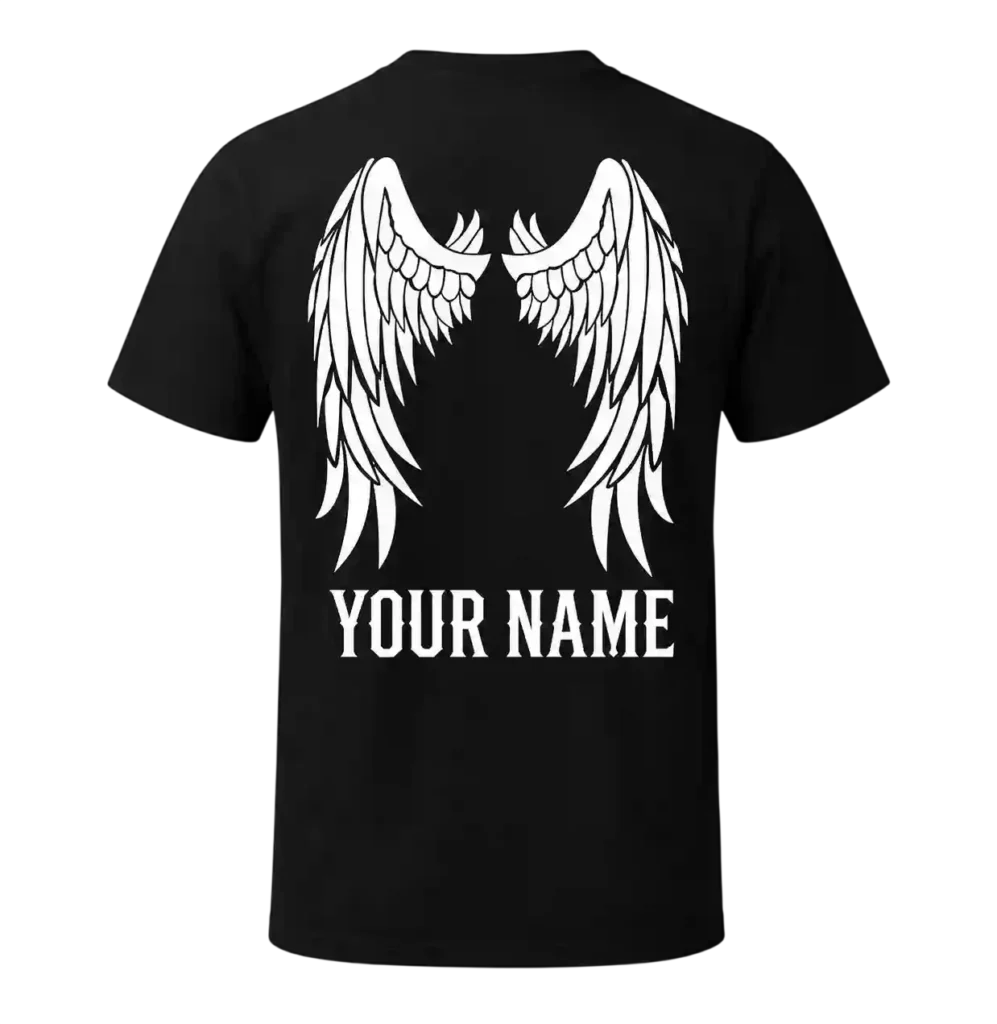 Black T-shirt with white angel wings and custom name.