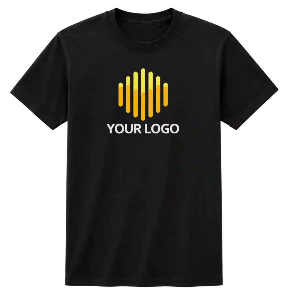 Black corporate T-shirt with yellow business logo print.