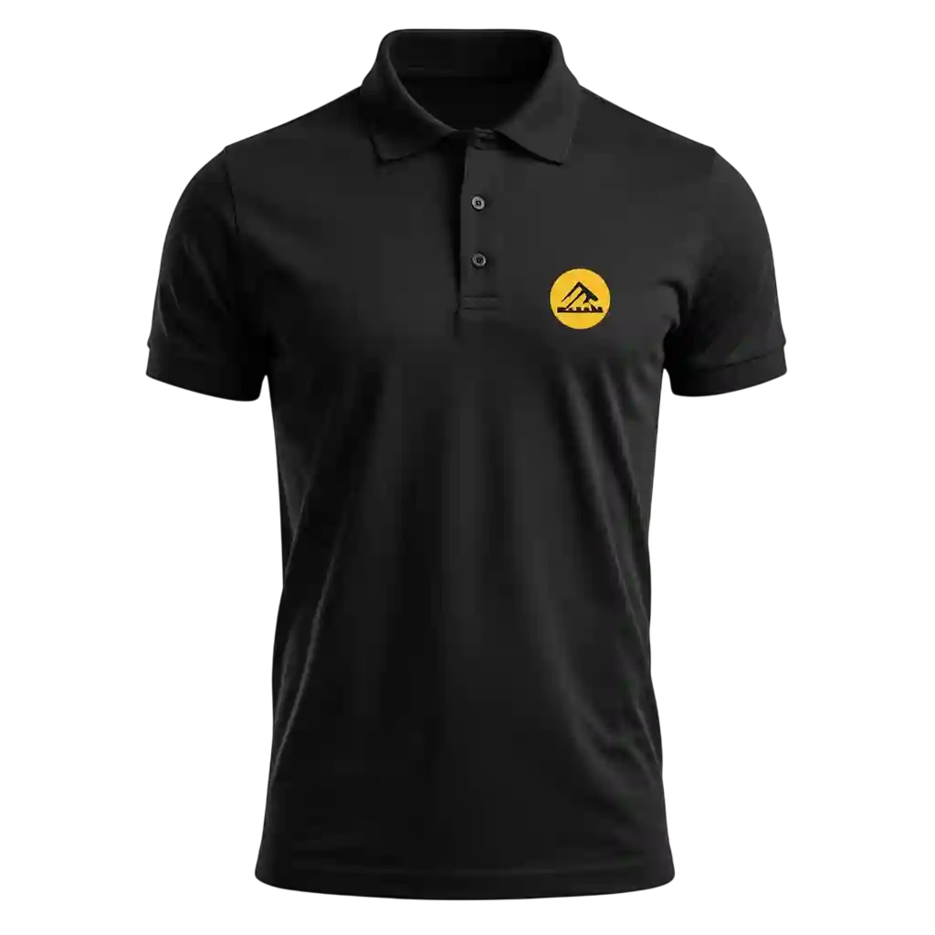 Black corporate polo shirt with embroidered logo.