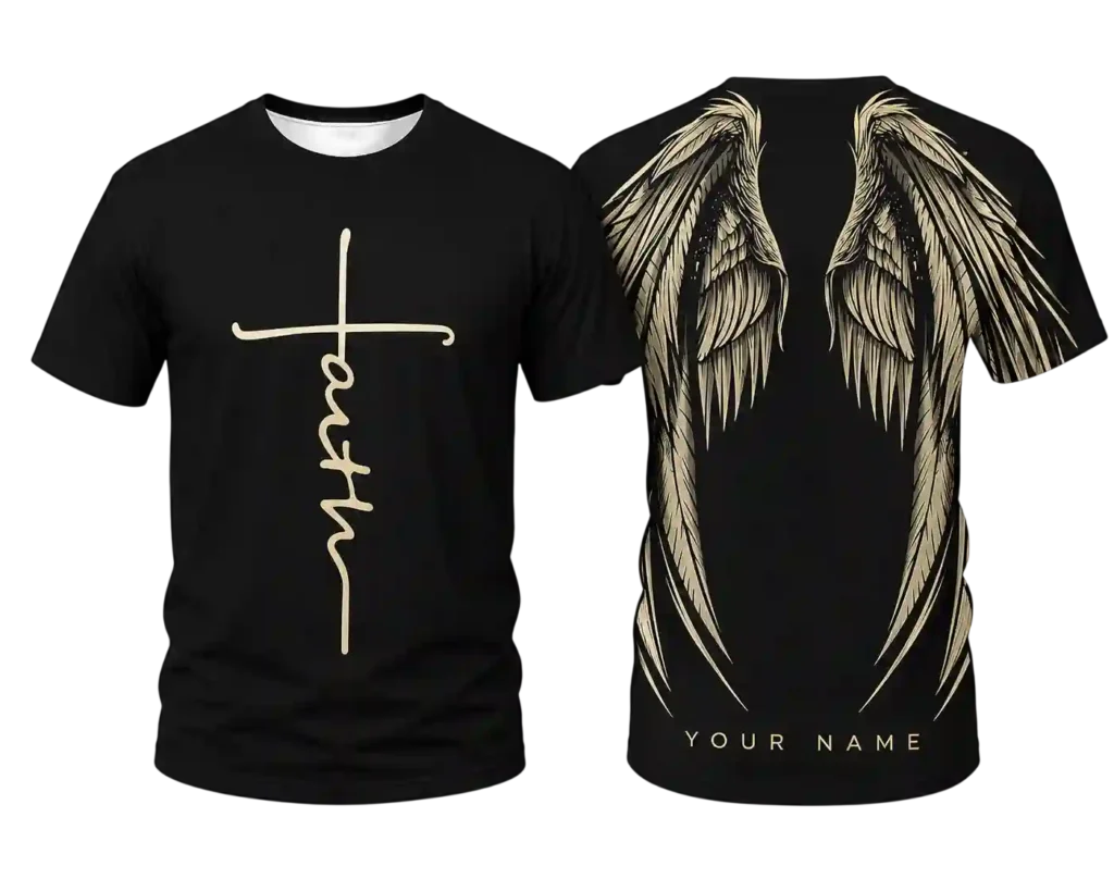 Black T-shirt set with faith symbol and angel wings artwork.