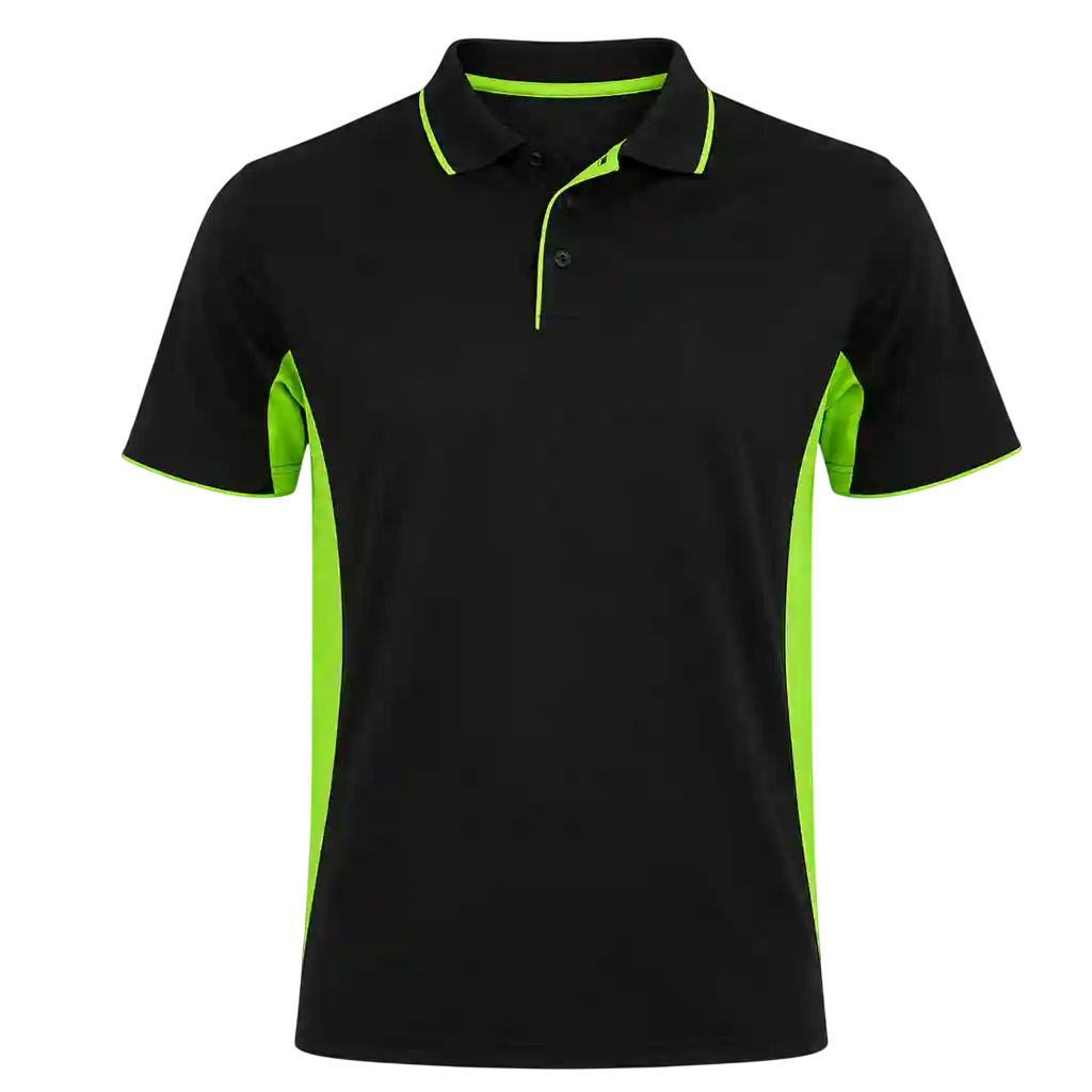 Black polo shirt with green trim.