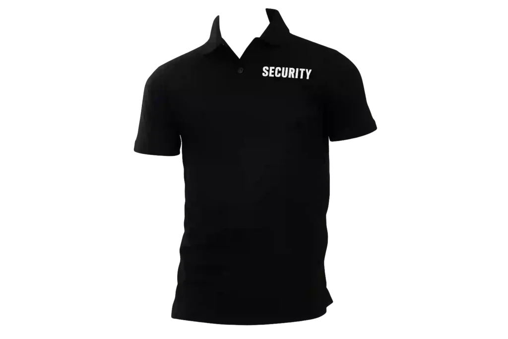 Black short sleeve polo shirt with small white chest logo.