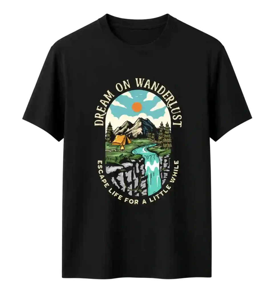 Black T-shirt with colourful mountain and waterfall artwork.