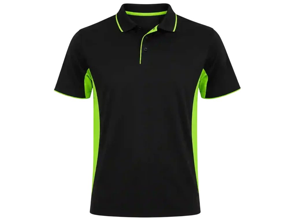 Black polo shirt with neon green collar and sleeve trim.