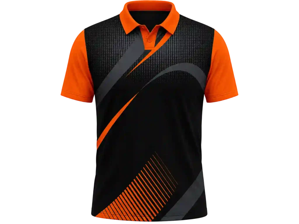 Black sports polo with orange geometric pattern.