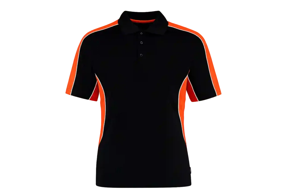 Black polo shirt with orange collar and sleeve piping.