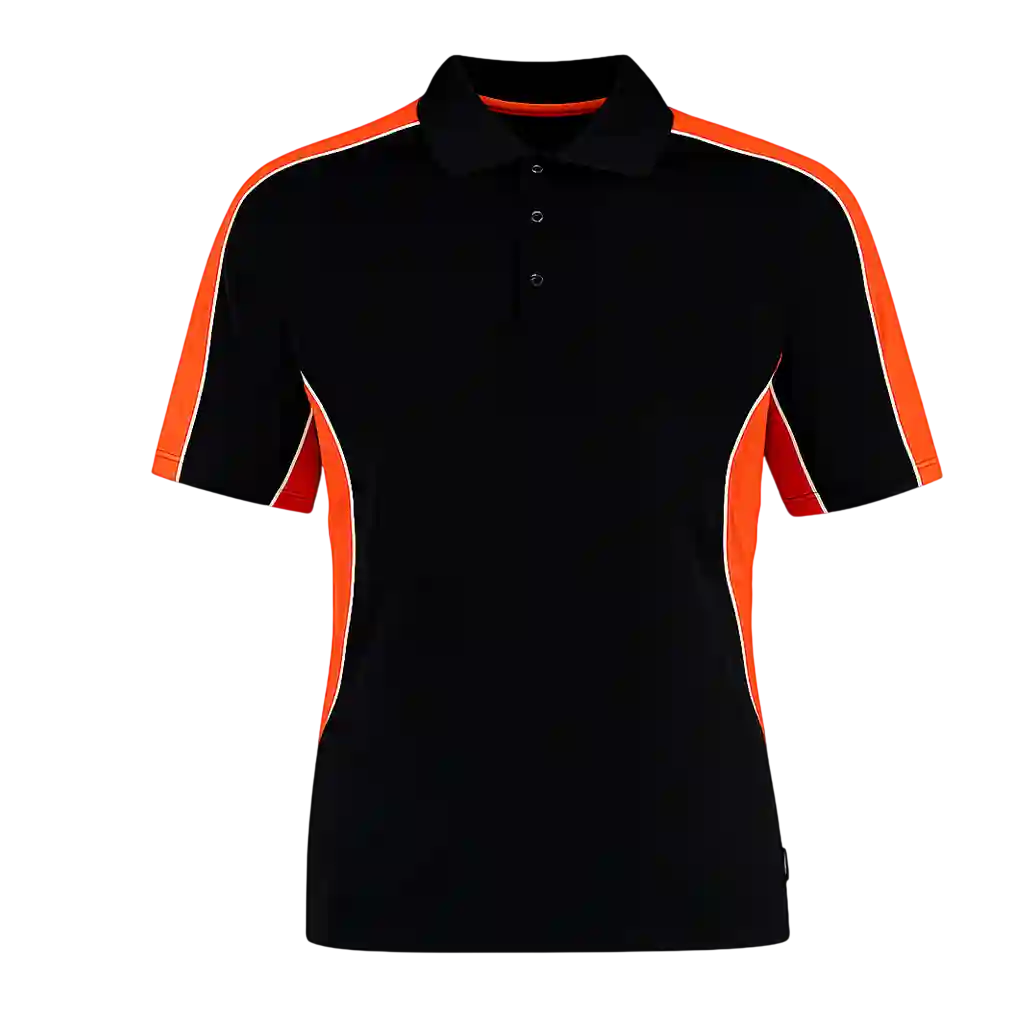 Black and orange sports polo shirt.