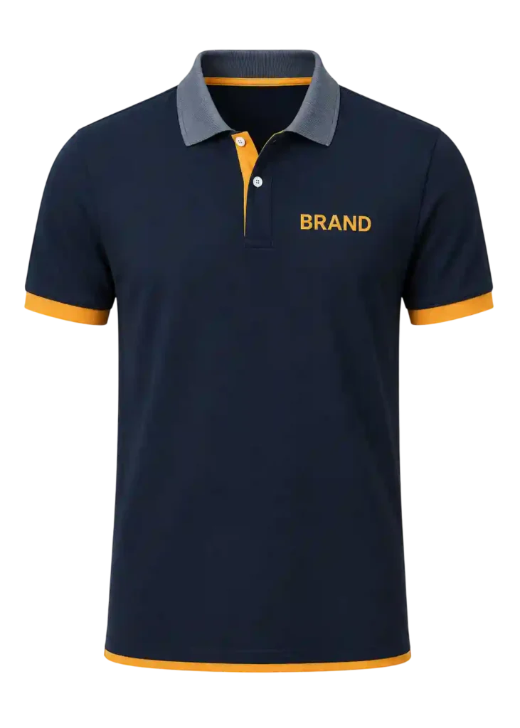 Black company polo shirt with orange collar and sleeve trim.