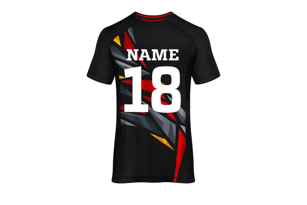Black sports jersey with red panels and number 18.