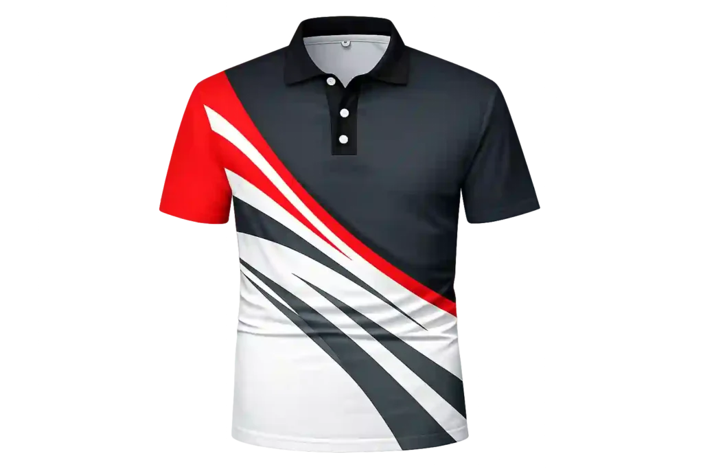 Black polo shirt with red and white diagonal pattern.
