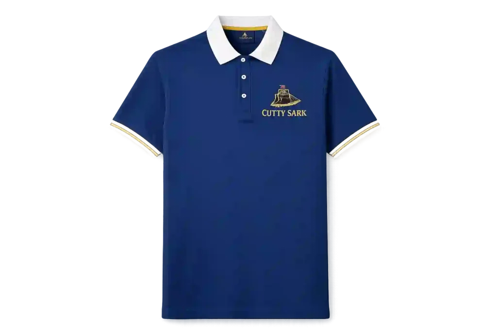 Blue polo shirt with gold collar trim and embroidered logo.