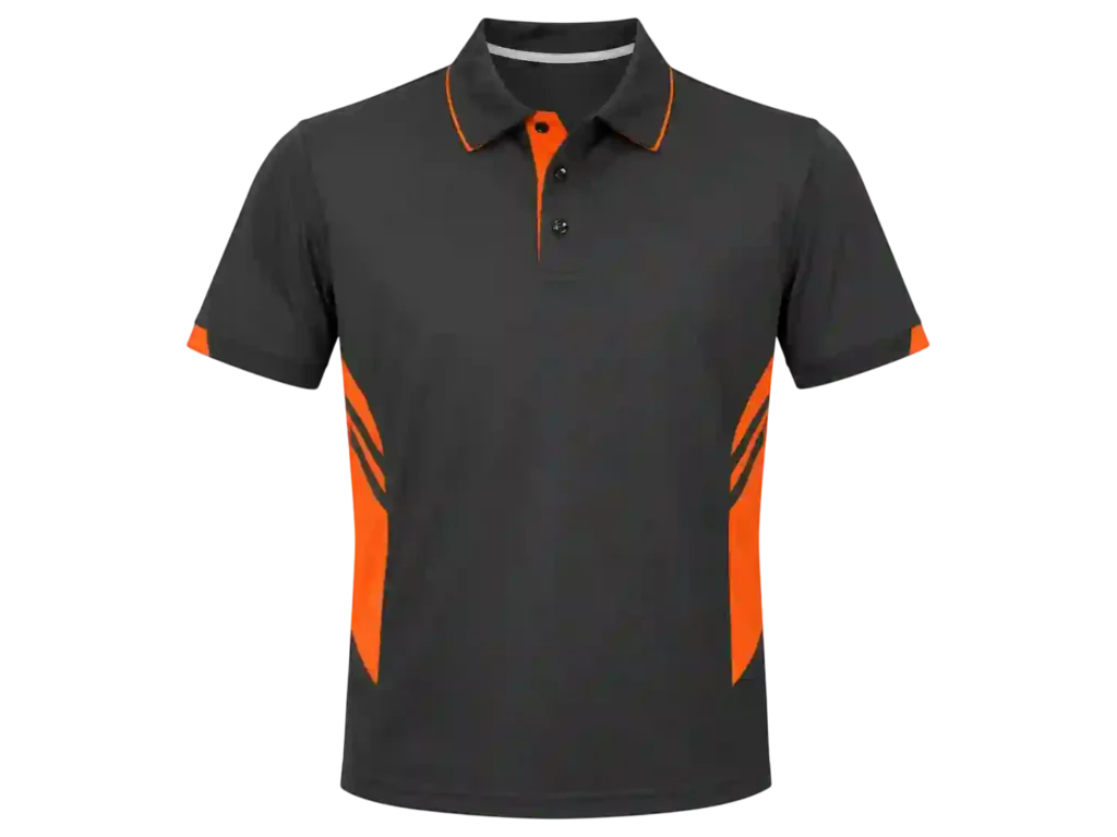 Charcoal grey polo shirt with orange side panels.