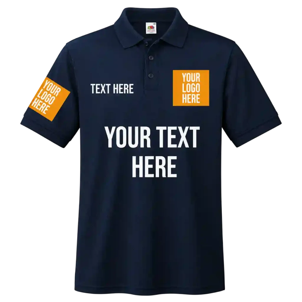 Navy blue corporate polo shirt with custom logo and text printing.
