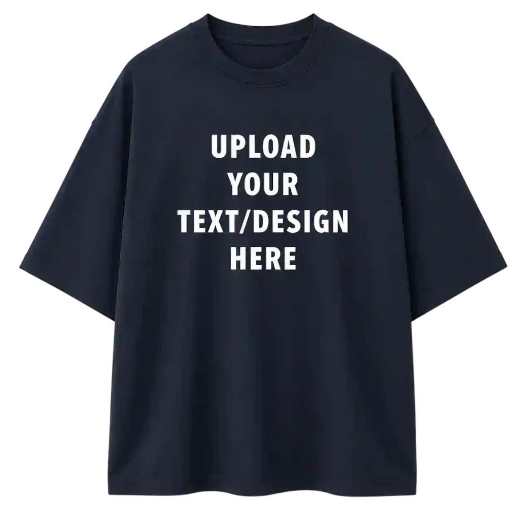 Navy blue T-shirt featuring a customizable text and design printing area.