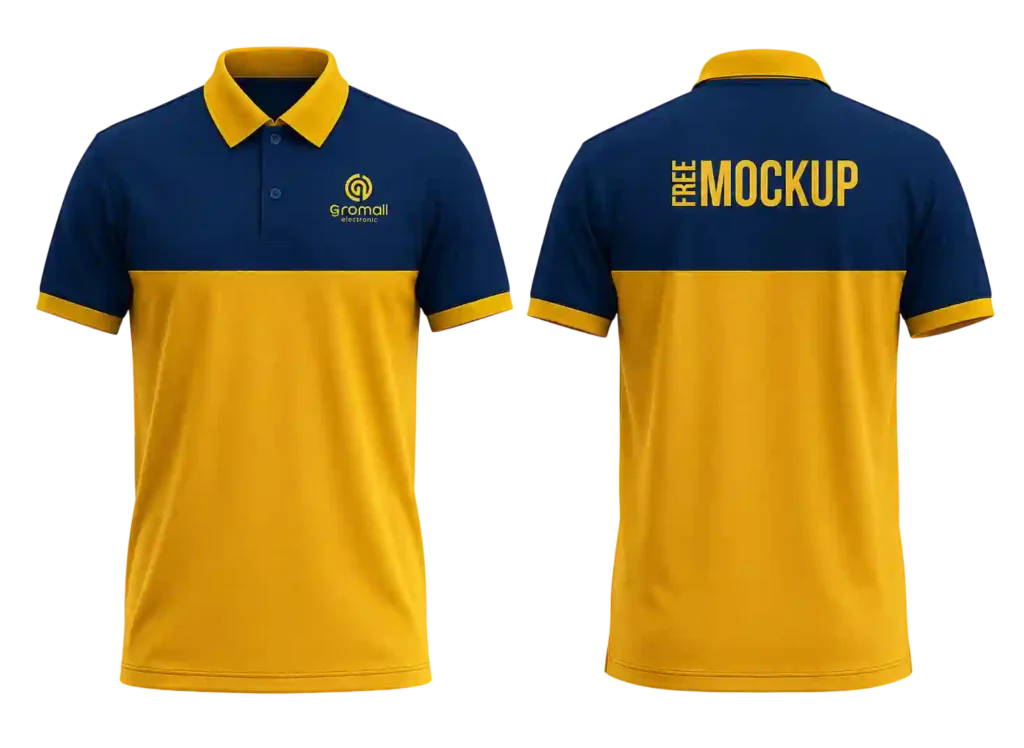 Custom blue and yellow polo shirt with front logo and back printing.