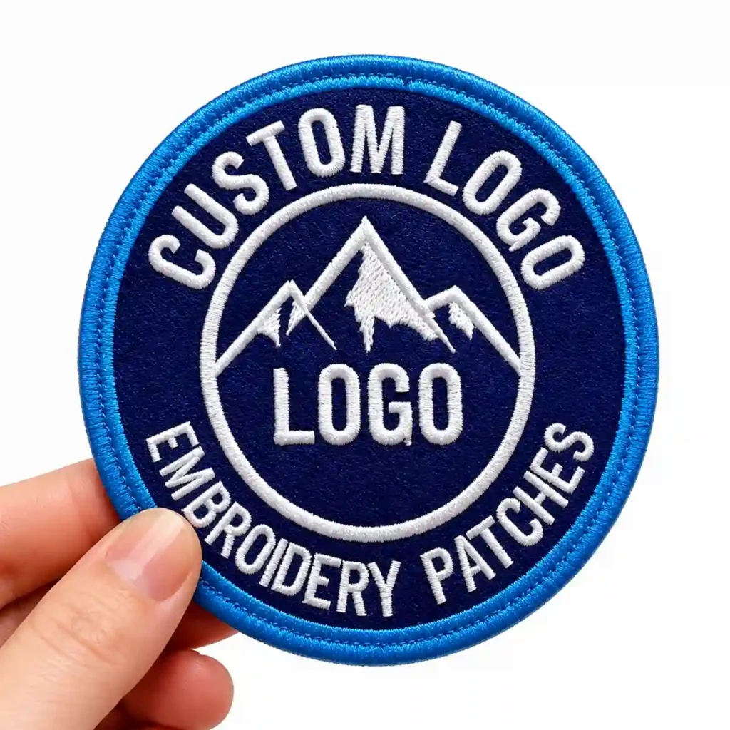 Blue round custom logo embroidery patch held in hand.