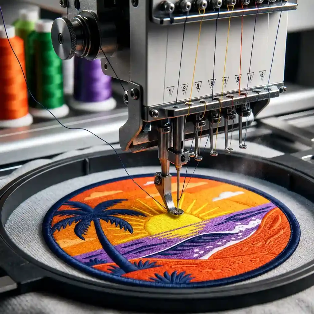 Embroidery machine stitching a custom sunset palm tree logo patch.