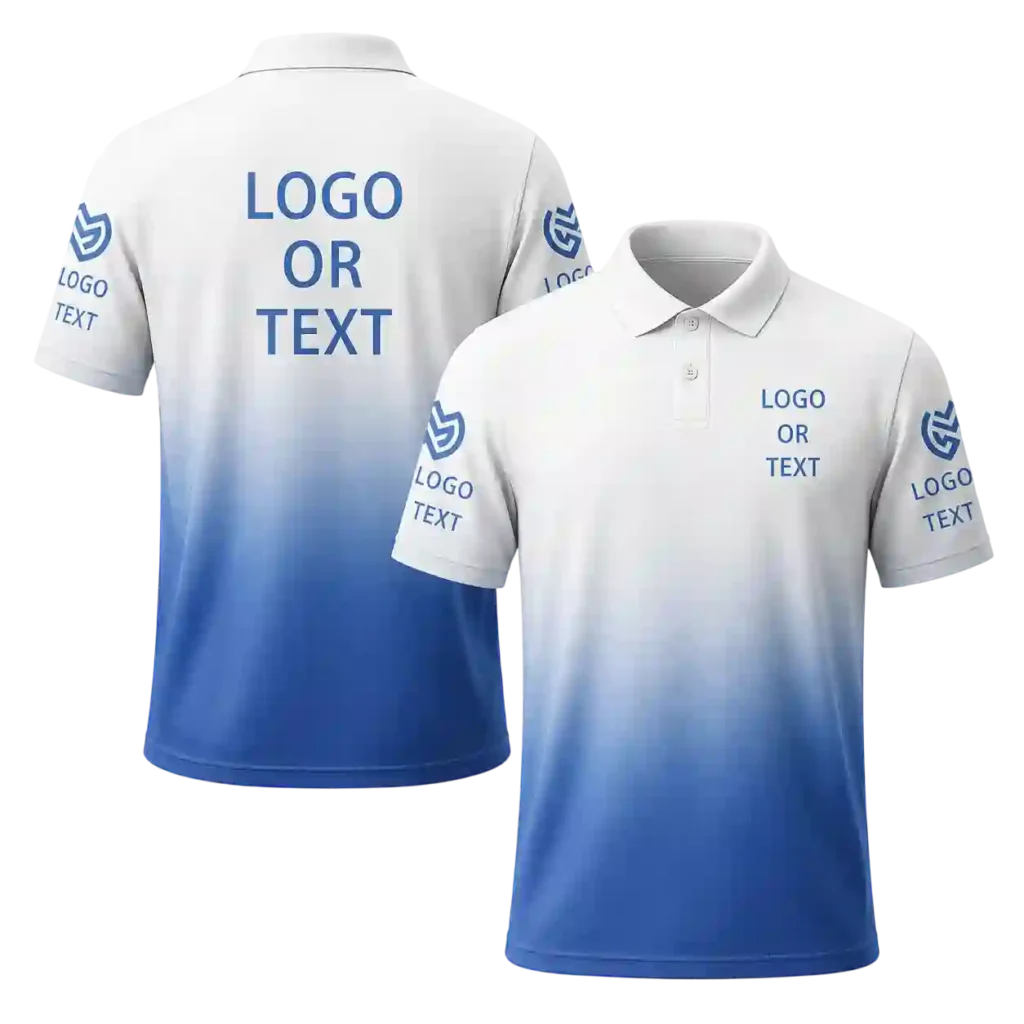 Custom logo polo shirt printing in Riyadh with front and back designs.