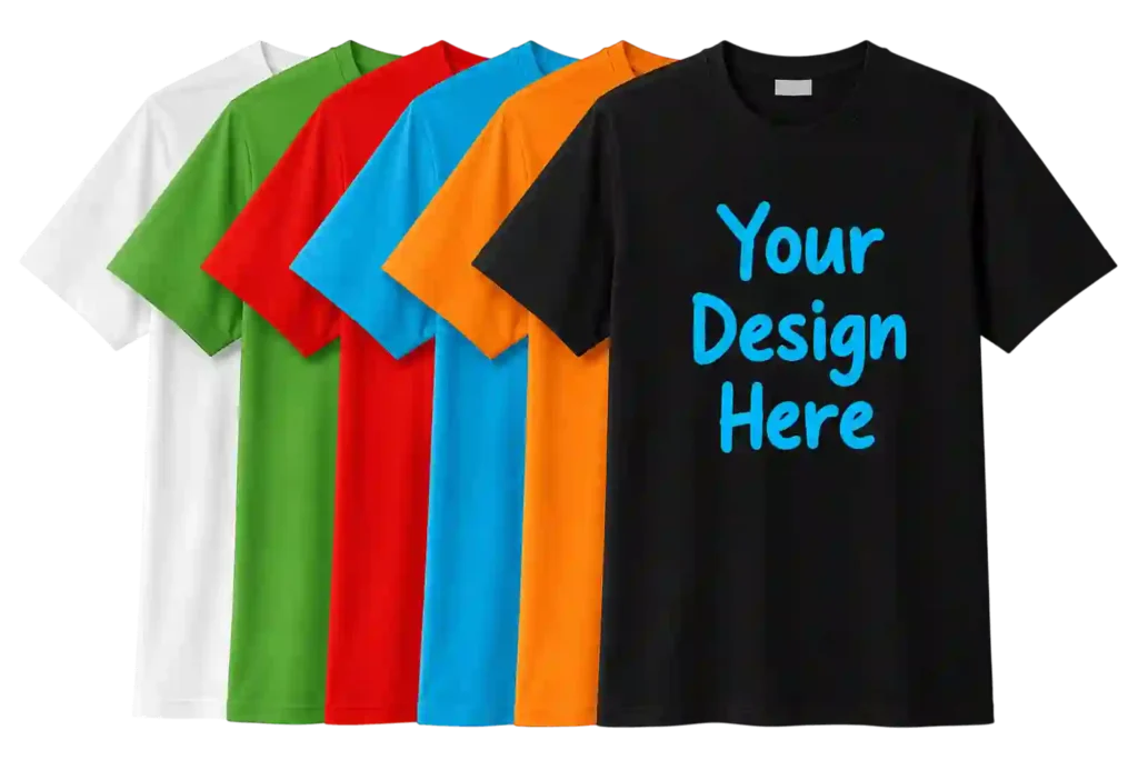 Collection of custom printed T-shirts in multiple colors with vibrant graphic designs.