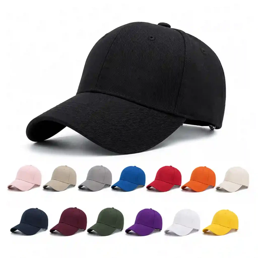 Custom baseball caps available in multiple colors with logo embroidery.
