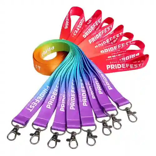Colorful custom promotional lanyards with metal hooks for ID cards and event badges.