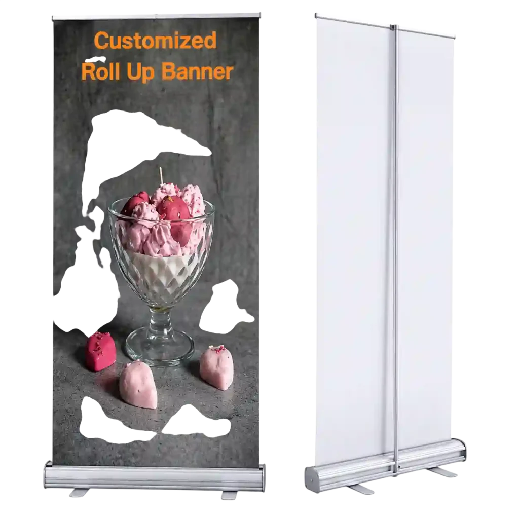 Premium roll up banner stand with custom promotional graphics.